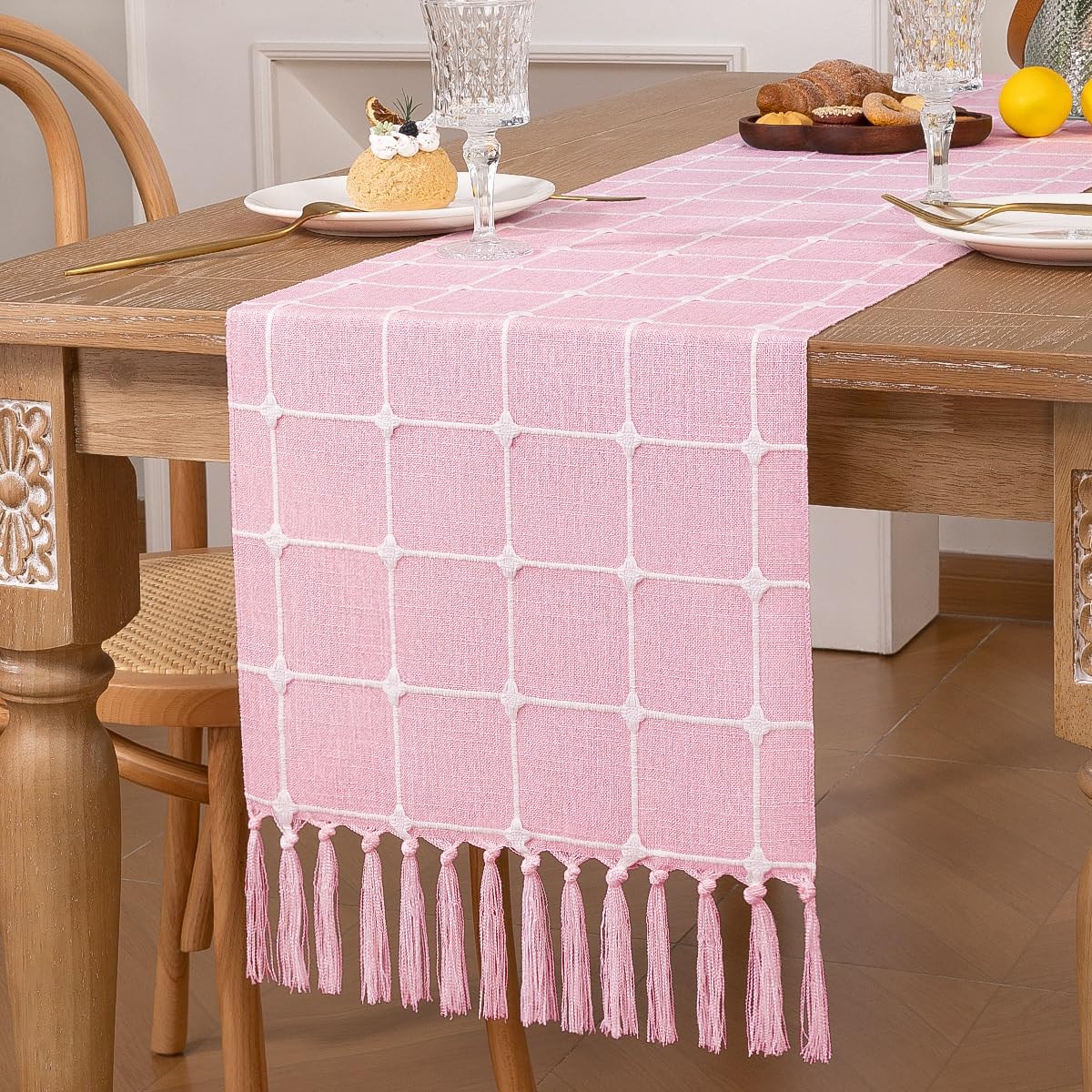 DeZerlor Farmhouse Table Runner Boho Table Runner 36 Inches Long Checkered Linen Table Runner with Tassels Braided Striped Table Runner for Fall Dining Table Home Decor Pink
