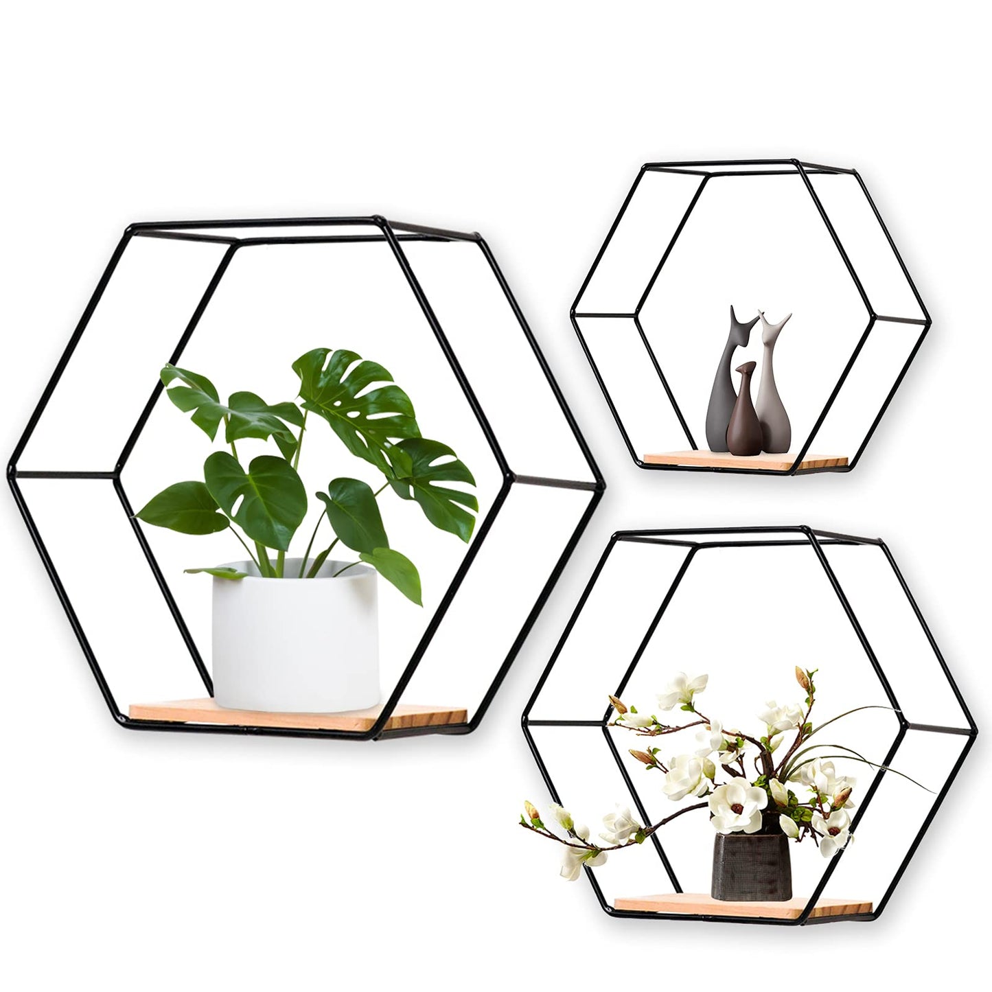 Wall Mounted Hexagonal Floating Shelves Black Set of 3 in Different Sizes Modern Metal Wall Shelf Simple Wood Partition Storage Shelves Wall Decor Rack for Bedroom Living Room Kitchen and Office