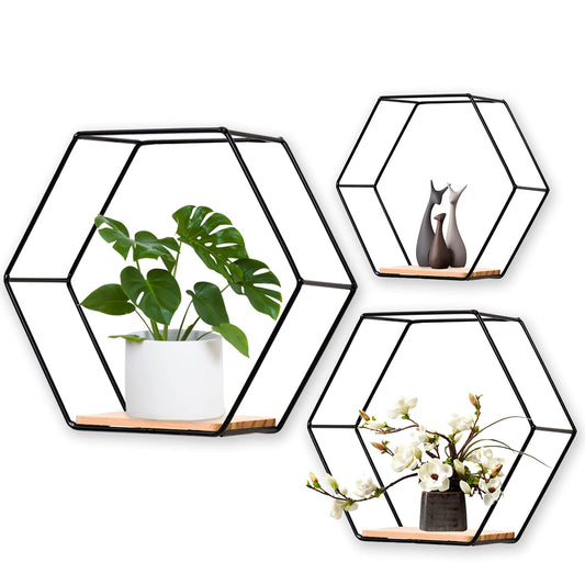 Wall Mounted Hexagonal Floating Shelves Black Set of 3 in Different Sizes Modern Metal Wall Shelf Simple Wood Partition Storage Shelves Wall Decor Rack for Bedroom Living Room Kitchen and Office