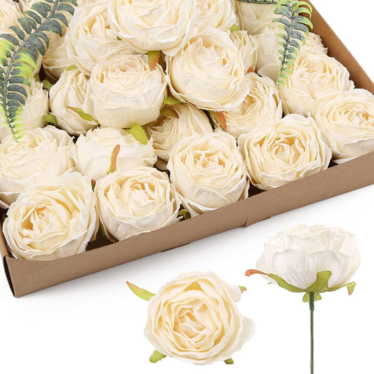 IPOPU White Roses Artificial Flowers Heads Bulk 25pcs Vintage Dried Flowers Artificial Rose Heads Silk Fake Rose for Wedding Centerpieces for Dining Table Decor Wall Flowers Decorations (Off White)