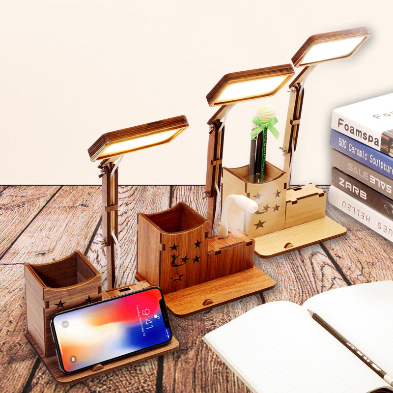 Wooden Pen Holder Desk Lamp, LED Night Light