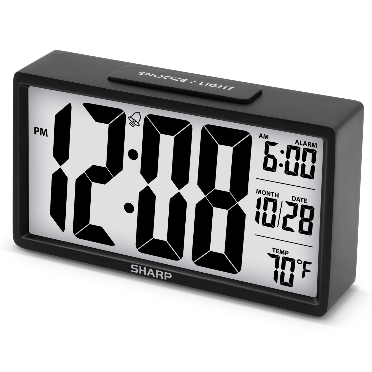 Sharp Alarm Clock with Easy to Read 2.8” Jumbo Screen with Indoor Temperature Nightlight Calendar Battery Operated Digital Clock for Bedrooms or Travel Black
