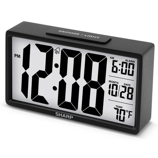 Sharp Alarm Clock with Easy to Read 2.8” Jumbo Screen with Indoor Temperature Nightlight Calendar Battery Operated Digital Clock for Bedrooms or Travel Black