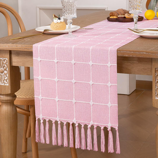 DeZerlor Farmhouse Table Runner Boho Table Runner 36 Inches Long Checkered Linen Table Runner with Tassels Braided Striped Table Runner for Fall Dining Table Home Decor Pink