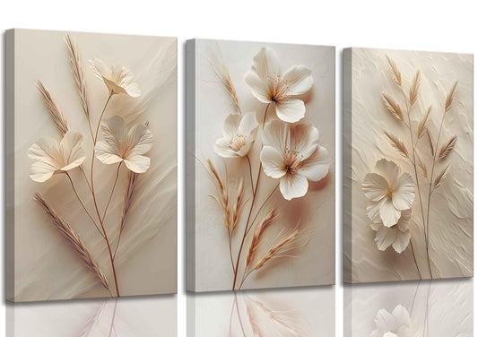 3Pcs Neutral Beige Floral Botanical Canvas Wall Art Modern Simple Texture Flower Plant Painting Picture Wall Decor Vintage Blossom Poster Print Artwork for Living Room Bedroom Bathroom